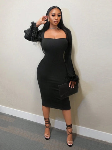 Women Elegant Solid Color Crew Neck Long Sleeve Furry Trim Fitted Dress, Autumn