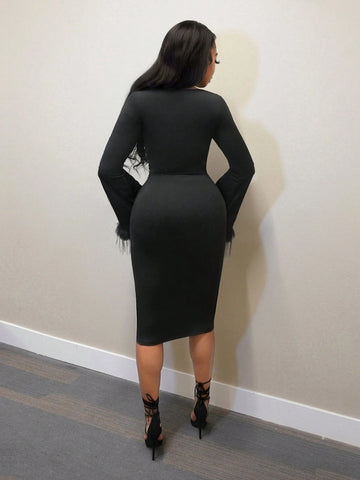 Women Elegant Solid Color Crew Neck Long Sleeve Furry Trim Fitted Dress, Autumn