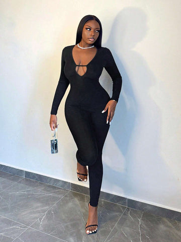 Women's Solid Color Deep V-Neck Long Sleeve Casual Jumpsuit, Autumn