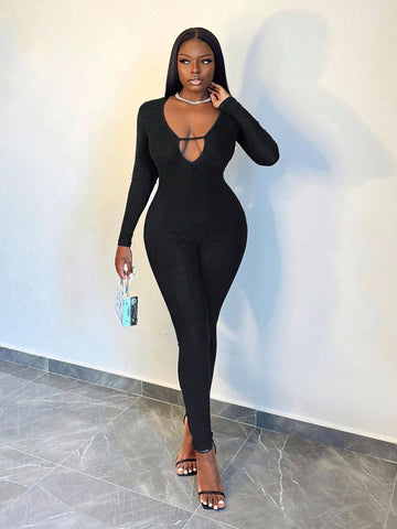 Women's Solid Color Deep V-Neck Long Sleeve Casual Jumpsuit, Autumn