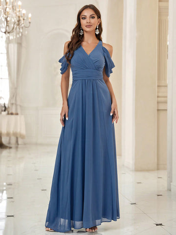 Belle 1pc Cold Shoulder Ruched Waist Maxi Bridesmaid Dress