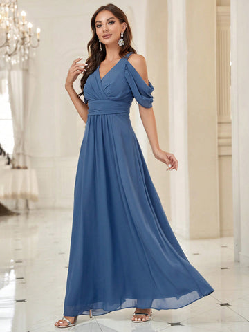 Belle 1pc Cold Shoulder Ruched Waist Maxi Bridesmaid Dress