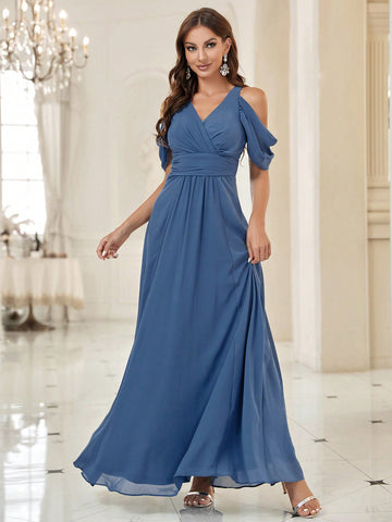 Belle 1pc Cold Shoulder Ruched Waist Maxi Bridesmaid Dress
