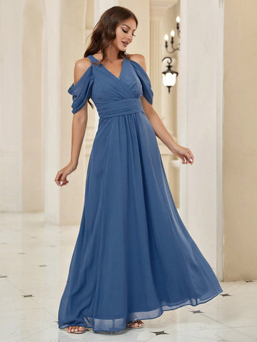 Belle 1pc Cold Shoulder Ruched Waist Maxi Bridesmaid Dress