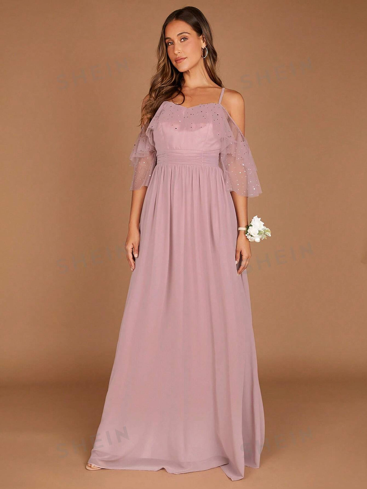 1pc Cold Shoulder Ruffle Trim Chiffon Bridesmaid Dress