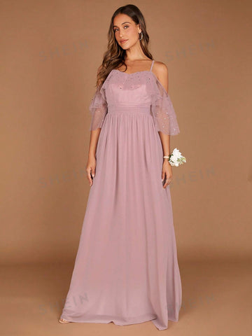 1pc Cold Shoulder Ruffle Trim Chiffon Bridesmaid Dress