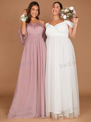 1pc Cold Shoulder Ruffle Trim Chiffon Bridesmaid Dress