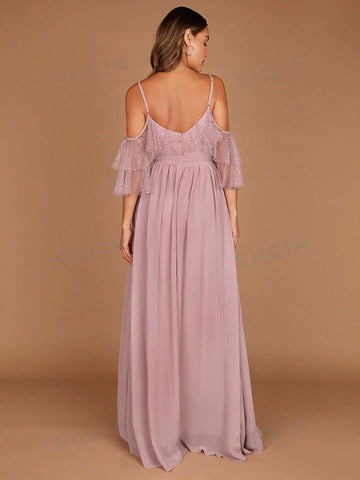 1pc Cold Shoulder Ruffle Trim Chiffon Bridesmaid Dress