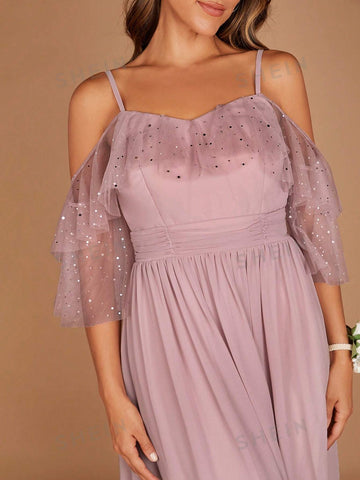 1pc Cold Shoulder Ruffle Trim Chiffon Bridesmaid Dress