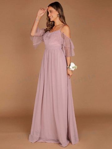 1pc Cold Shoulder Ruffle Trim Chiffon Bridesmaid Dress