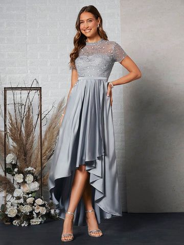 Belle 1pc Contrast Embroidery Mesh High Low Hem Bridesmaid Dress