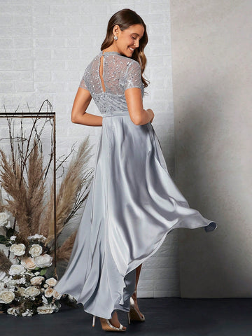 Belle 1pc Contrast Embroidery Mesh High Low Hem Bridesmaid Dress