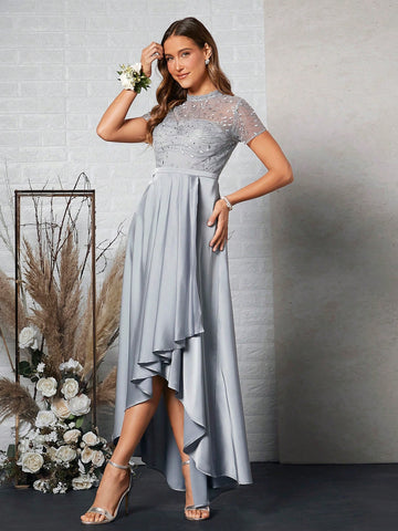 Belle 1pc Contrast Embroidery Mesh High Low Hem Bridesmaid Dress