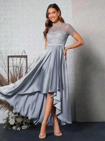 Belle 1pc Contrast Embroidery Mesh High Low Hem Bridesmaid Dress