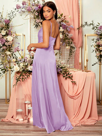 1pc Draped Collar Wrap Hem Satin Cami Formal Bridesmaid Dress
