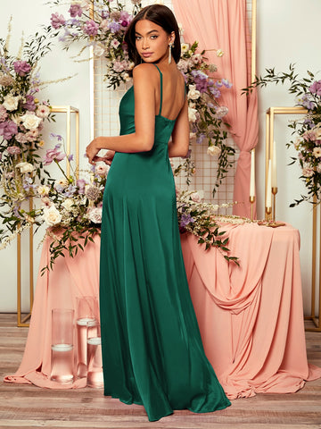 1pc Draped Neck Wrap Split Thigh Bridesmaid Dress