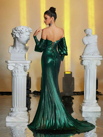 1pc Elegant Dark Green Strapless Off-Shoulder Puff Sleeve Ruched Bodice High Waist Slit Mermaid Hem Skirt, Versatile For Dating, Singles Party, Wedding, Formal Events