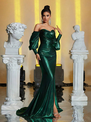1pc Elegant Dark Green Strapless Off-Shoulder Puff Sleeve Ruched Bodice High Waist Slit Mermaid Hem Skirt, Versatile For Dating, Singles Party, Wedding, Formal Events