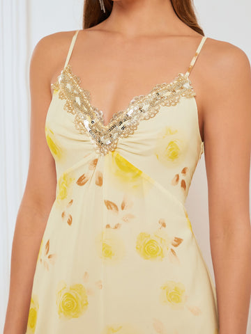 1pc Floral Print High Low Hem Cami Bridesmaid Dress