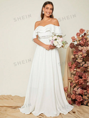 1pc Off Shoulder Ruffle Trim Wedding Dress