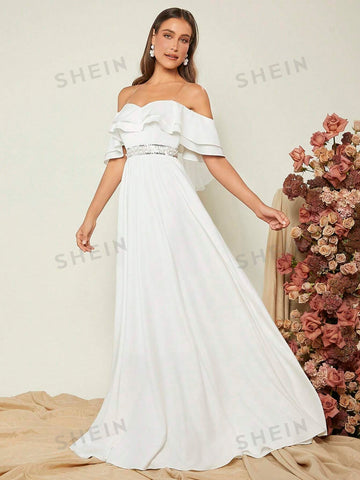 1pc Off Shoulder Ruffle Trim Wedding Dress