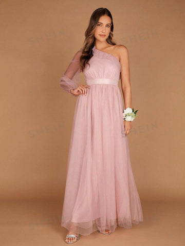 1pc One Shoulder Lantern Sleeve Mesh Overlay Maxi Bridesmaid Dress