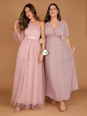 1pc One Shoulder Lantern Sleeve Mesh Overlay Maxi Bridesmaid Dress