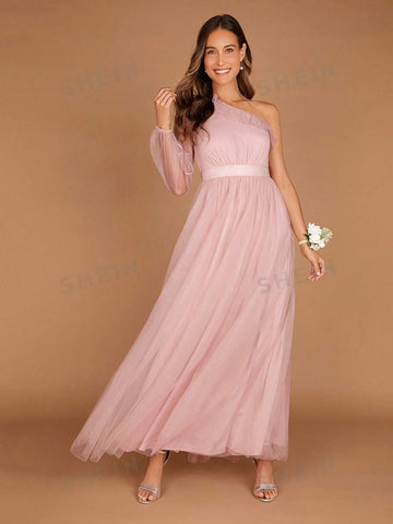 1pc One Shoulder Lantern Sleeve Mesh Overlay Maxi Bridesmaid Dress