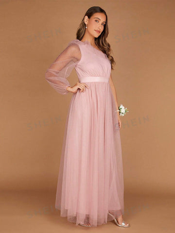 1pc One Shoulder Lantern Sleeve Mesh Overlay Maxi Bridesmaid Dress
