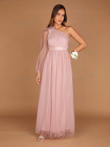1pc One Shoulder Lantern Sleeve Mesh Overlay Maxi Bridesmaid Dress