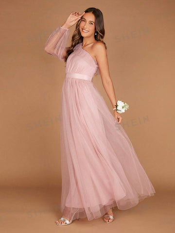 1pc One Shoulder Lantern Sleeve Mesh Overlay Maxi Bridesmaid Dress