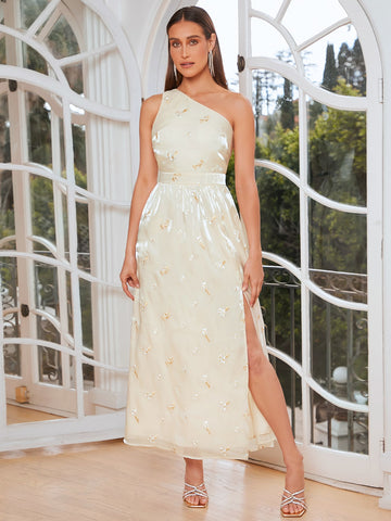 1pc One Shoulder Split Thigh Floral Embroidery Bridesmaid Dress