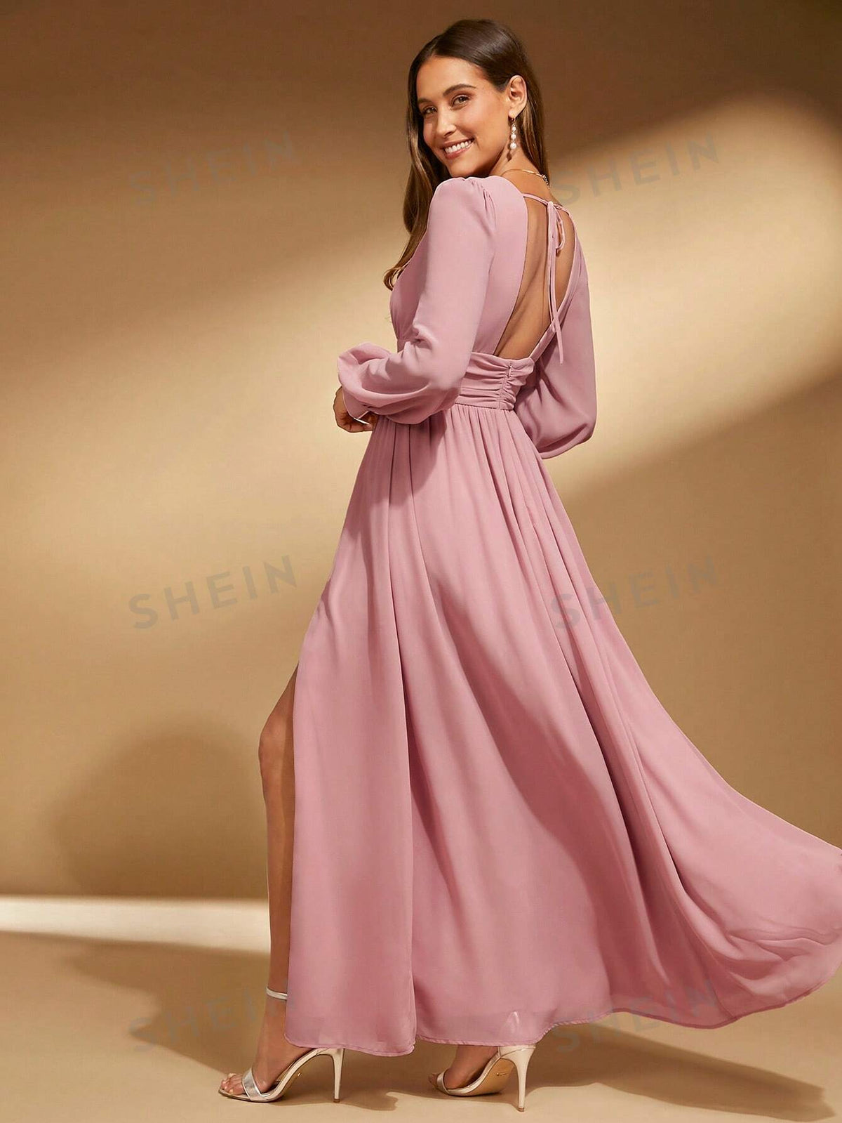 1pc Plunging Neck Lantern Sleeve Split Thigh Bridesmaid Dress