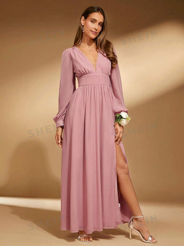 1pc Plunging Neck Lantern Sleeve Split Thigh Bridesmaid Dress