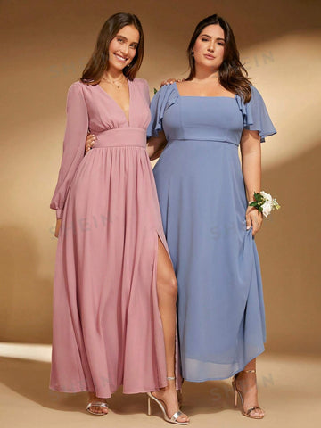 1pc Plunging Neck Lantern Sleeve Split Thigh Bridesmaid Dress