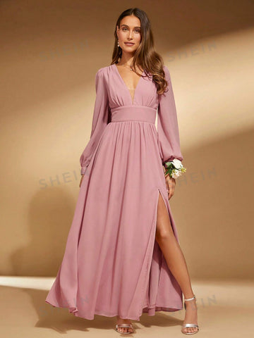 1pc Plunging Neck Lantern Sleeve Split Thigh Bridesmaid Dress