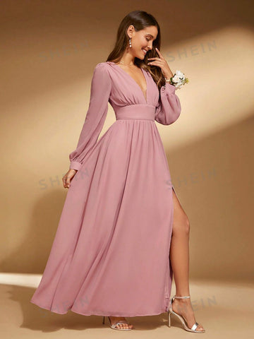 1pc Plunging Neck Lantern Sleeve Split Thigh Bridesmaid Dress