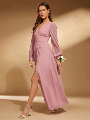 1pc Plunging Neck Lantern Sleeve Split Thigh Bridesmaid Dress