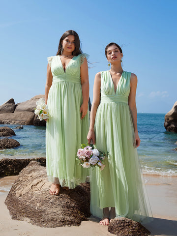 1pc Plunging Neck Ruched Bust Mesh Overlay Bridesmaid Dress