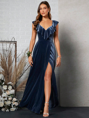 Belle 1pc Ruffle Trim Wrap Hem Velvet Bridesmaid Dress