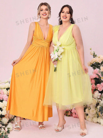 1pc Solid Ruched Bridesmaid Dress