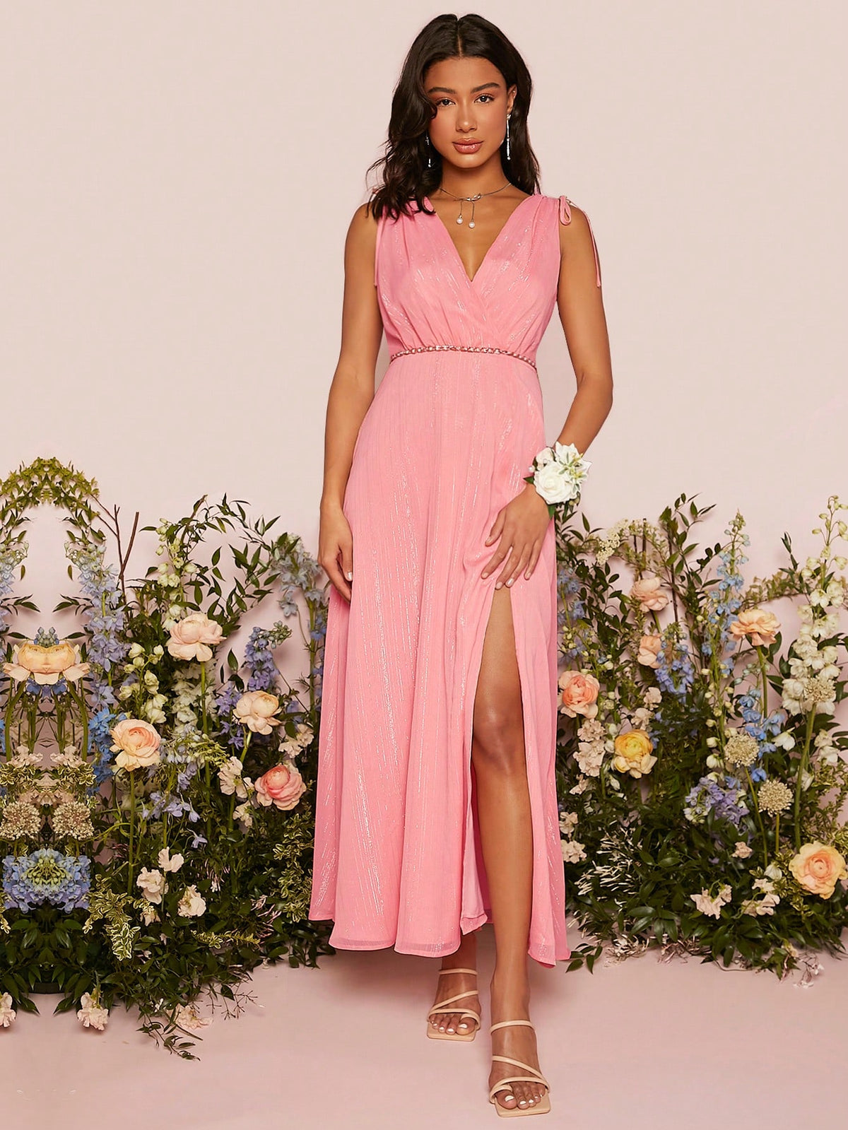 1pc Solid Split Thigh V Neck Bridesmaid Dress Without Belt