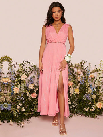 1pc Solid Split Thigh V Neck Bridesmaid Dress Without Belt