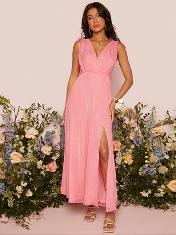 1pc Solid Split Thigh V Neck Bridesmaid Dress Without Belt