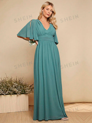 1pc Split Sleeve Split Thigh Chiffon Bridesmaid Dress