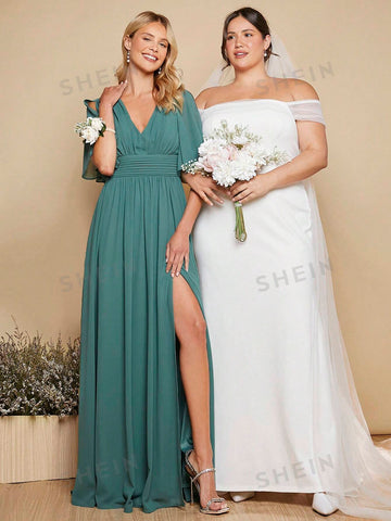 1pc Split Sleeve Split Thigh Chiffon Bridesmaid Dress