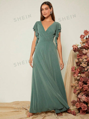 1pc Surplice Neck Butterfly Sleeve Glitter Bridesmaid Dress