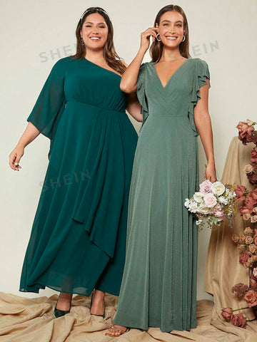 1pc Surplice Neck Butterfly Sleeve Glitter Bridesmaid Dress