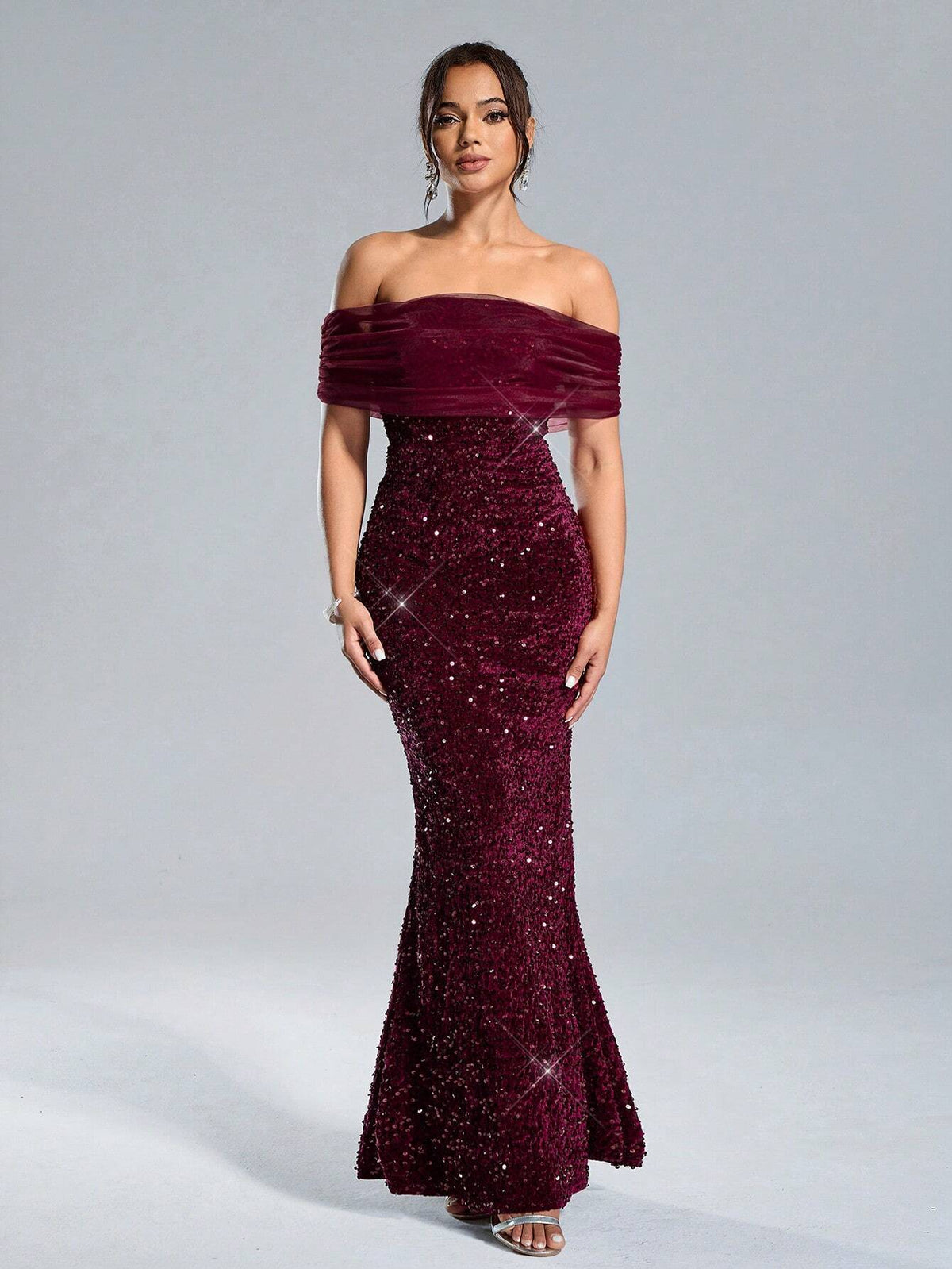 1pc Women's Off The Shoulder Solid Color Patchwork Sequin Fishtail Hem Dress, For Party Occasion