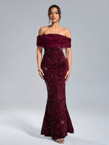 1pc Women's Off The Shoulder Solid Color Patchwork Sequin Fishtail Hem Dress, For Party Occasion